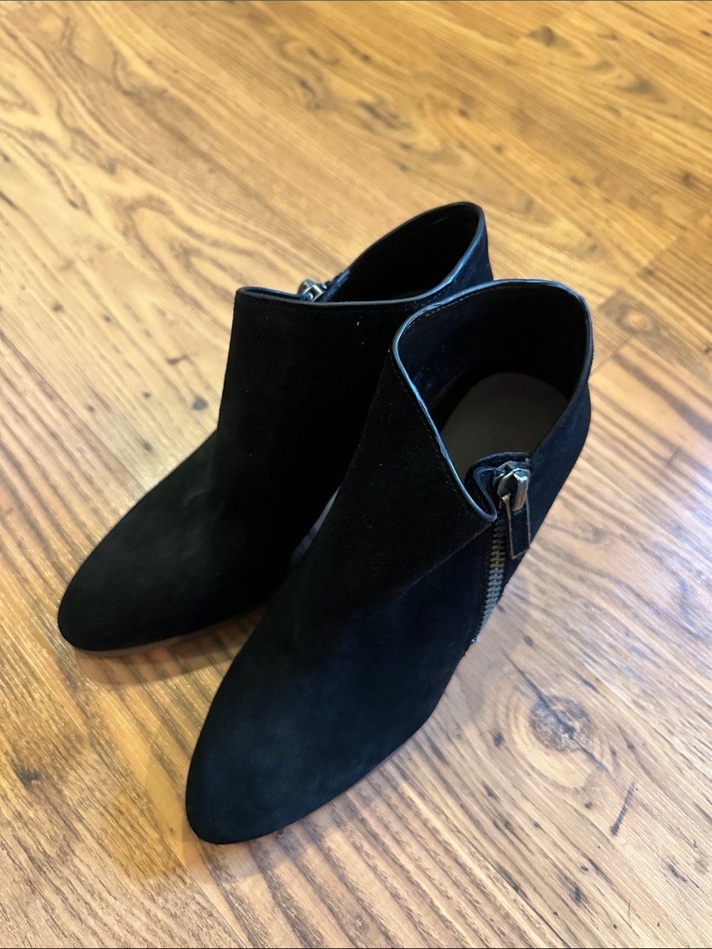 1. State Black Suede Ankle Booties with Side Zip Detail